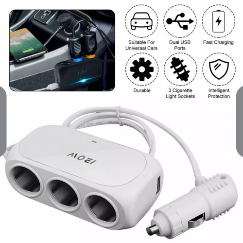 3-Way Car Lighter Socket Splitter – Dual USB Ports & LED Power Adapter